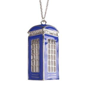 Doctor Who Blue TARDIS Police Box Enamel Pendant 20" Silver Chain Necklace